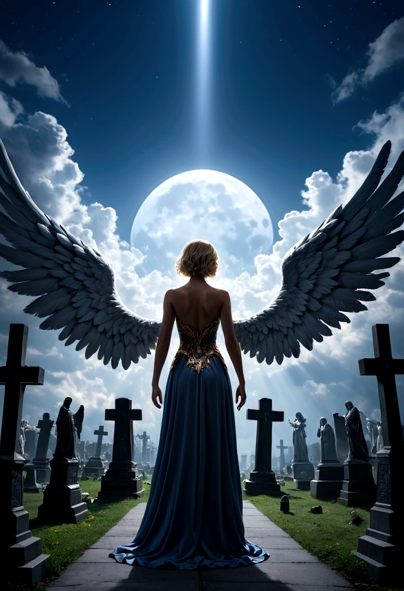 a model shot (taken from the back: 1.5), of an female aasimar (Masterpiece, intense details: 1.3), paladin, holy warrior, (wings sprouting from the back: 1.3), spread large feathered wings, majestic wings, white angelic wings spread (Masterpiece, intense details: 1.5), 16K, ultra detailed, masterpiece, best quality, (extremely detailed), arafed, dnd art, portrait, full body, moon light, moon, stars, clouds, holy symbol, armed with sword, short blond hair, dark fantasy cemetery background, anatomically correct (Masterpiece 1.3, intense details), angel_wings, determined face, god rays, cinematic lighting, glowing light, silhouette, from outside, photorealism, panoramic view (Masterpiece 1.3, intense details) , Wide-Angle, Ultra-Wide Angle, 16k, highres, best quality, high details
