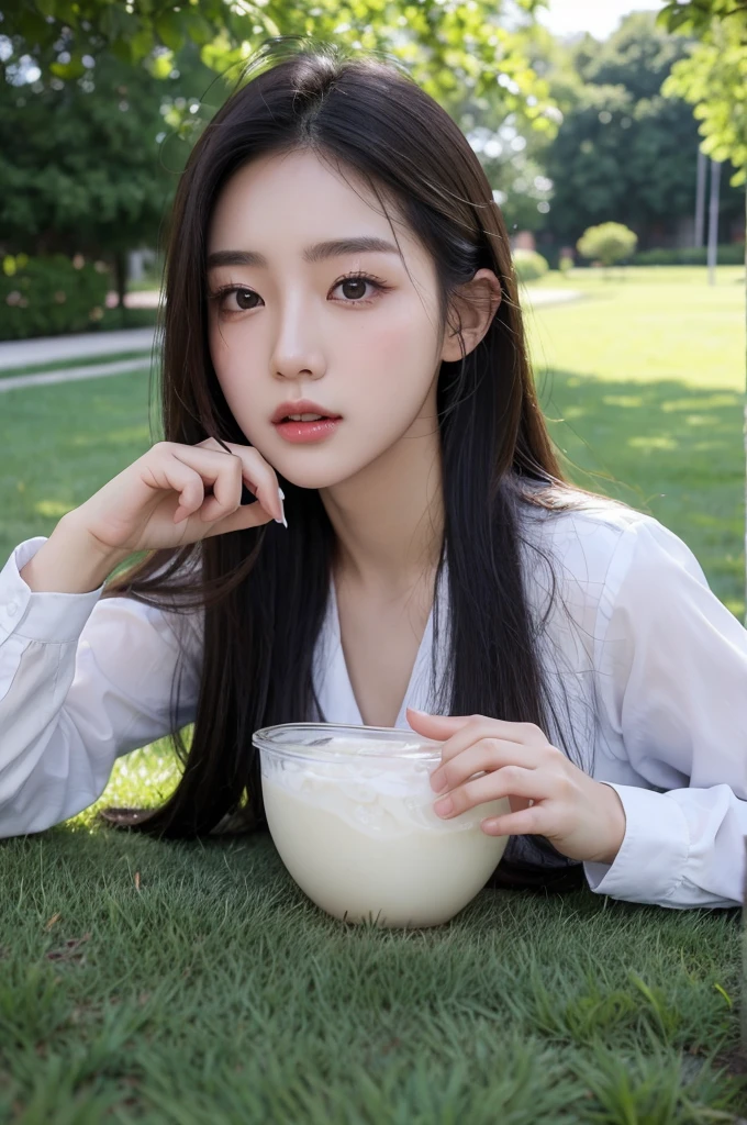 ((best quality)), ((masterpiece)), (detailed), perfect face Korean girl masturbating on the grass, dripping semen