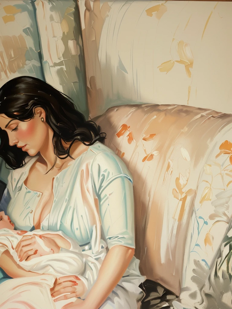 painting of a woman holding a baby on a couch, gouache on canvas, otto schmidt, brittney lee, by Gee Vaucher, oil on linen, gouache on paper, by Lois Dodd, liepke, inspired by Russell Chatham, krenz cushart and asher duran, by Esteban Vicente, by Pamela Ascherson, by Asaf Hanuka