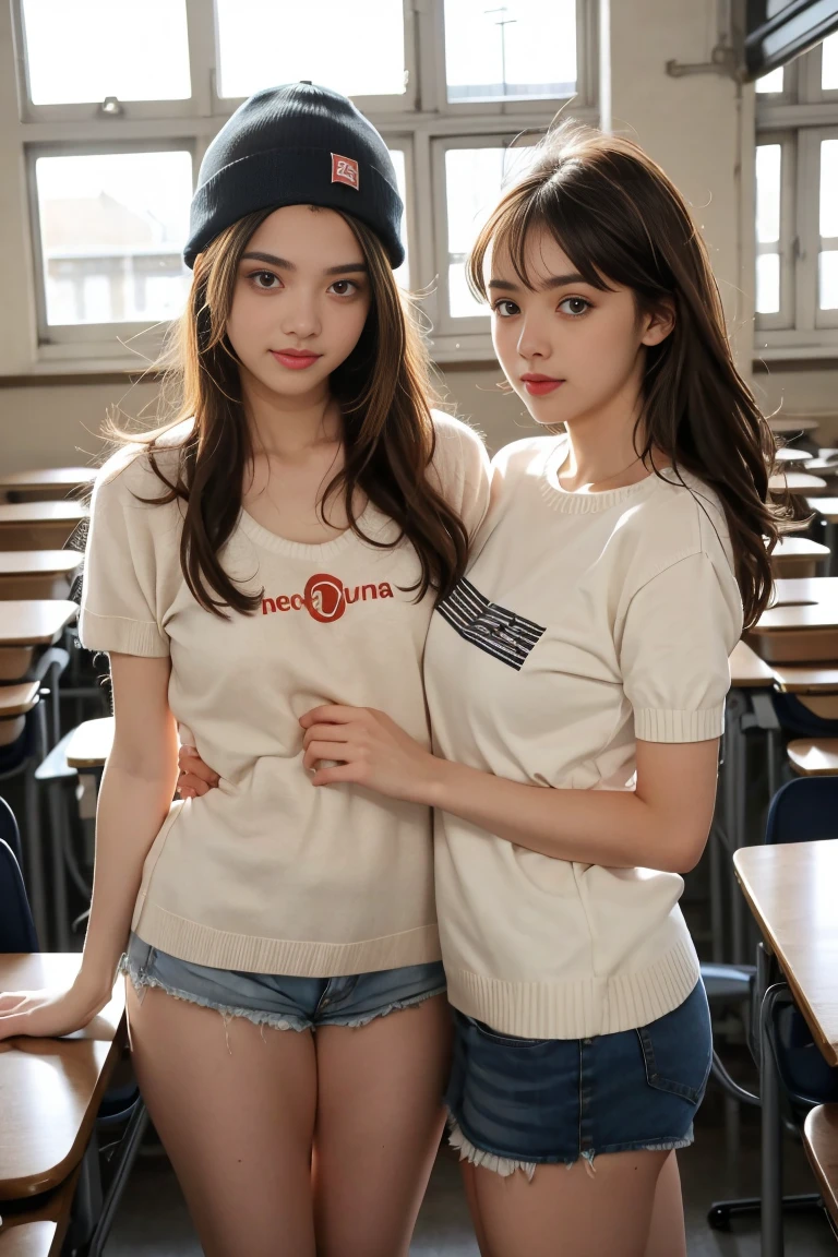 sexe entre deux femme sexy et mince de 18 ans , short sleeve short sweater , dans une salle de classe , casquette, ,jambe visible,se touche