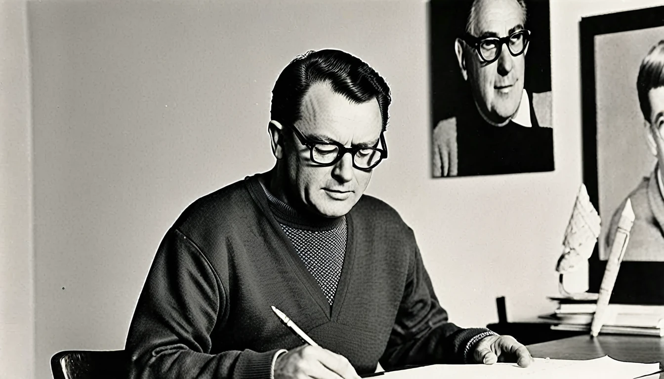 arafed man in glasses and sweater writing on a piece of paper, paul rand, alvin schwartz, photographic still, david curtis, catalog photo, ari aster, henri moore, frank franzzeta, portrait of chuck clayton, posed in profile, ivan chermayeff, jean girard, saul bromberger, victor prezio, photography of bill brauer