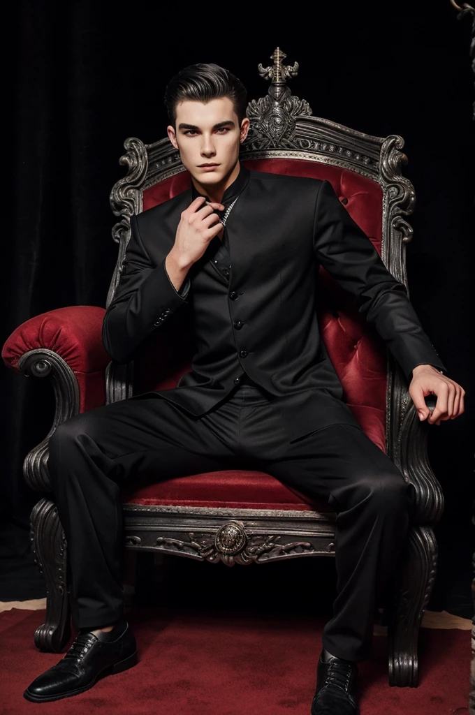 23 year old boy wearing black long court with red border sitting on demons throne dark background boy is vampire 