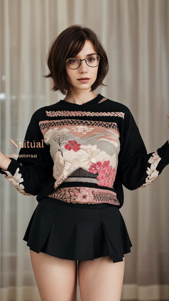 A short-haired girl, red shirt, black skirt, detailed face, beautiful eyes, mature and serious expression, alone, indoor setting, natural lighting, photorealistic, 8k, high quality, detailed skin, detailed clothing, realistic, intricate details, sharp focus, warm color tones, soft shadows, elegant composition, glasses.