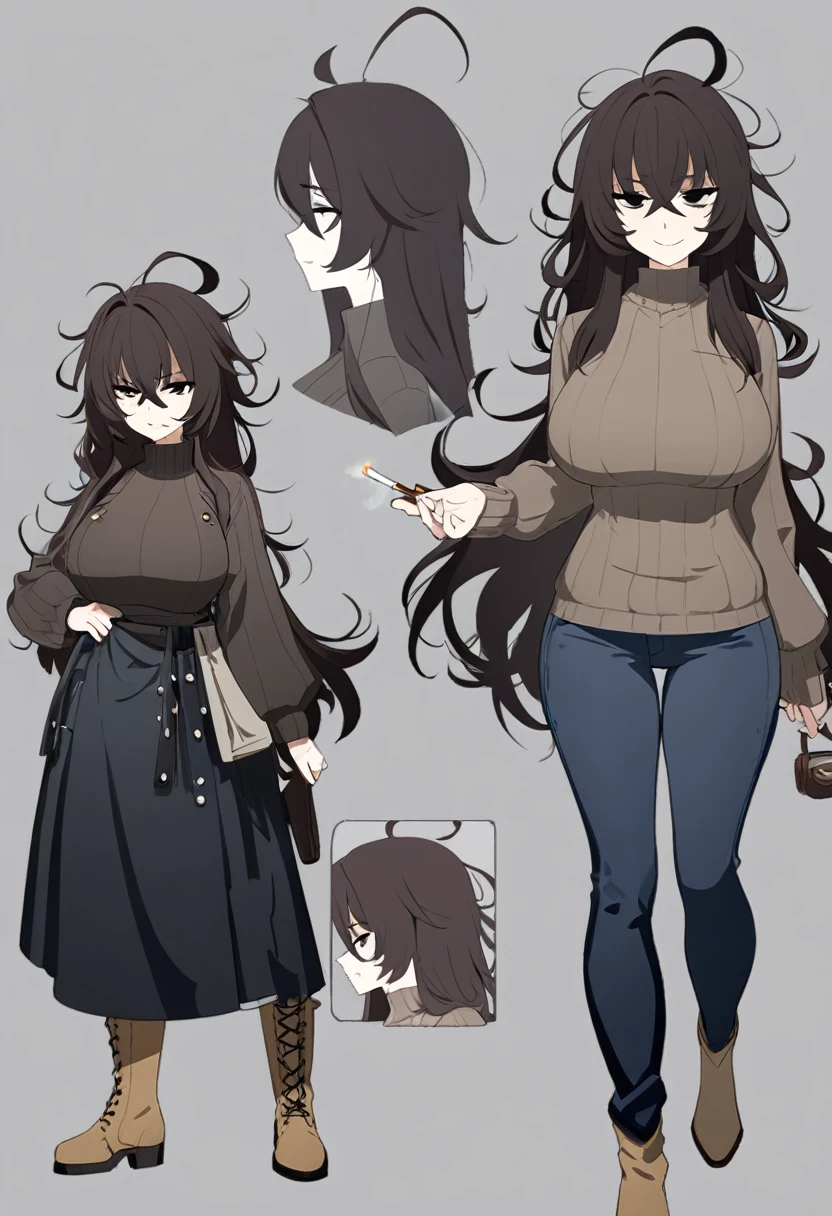 One Woman,Downer,older sister,Concept Art,Dark brown hair,Straight hair with slight inward curls,Staring eyes,Eye Ridge,black eye,Crossed bangs,whole body,smile,Larger breasts,Gray background,Bangs that reach down to the eyes,Messy hair,Tight dark jeans,Brown turtleneck sweater,Multiple views of the same character,Character Design,Dark circles under the eyes,Bad look,Listless,Sloppy,accessories,Cafe staff,Holding a cigarette,whole bodyCharacter Design,Detailed hands,Height: 170cm,boots,