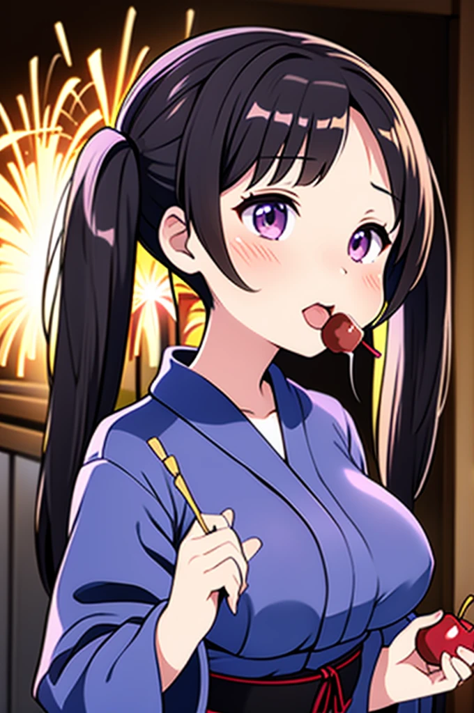 Black hair twin tails、yukata、Big Breasts、firework、Licking a candy apple with your tongue、Close one eye