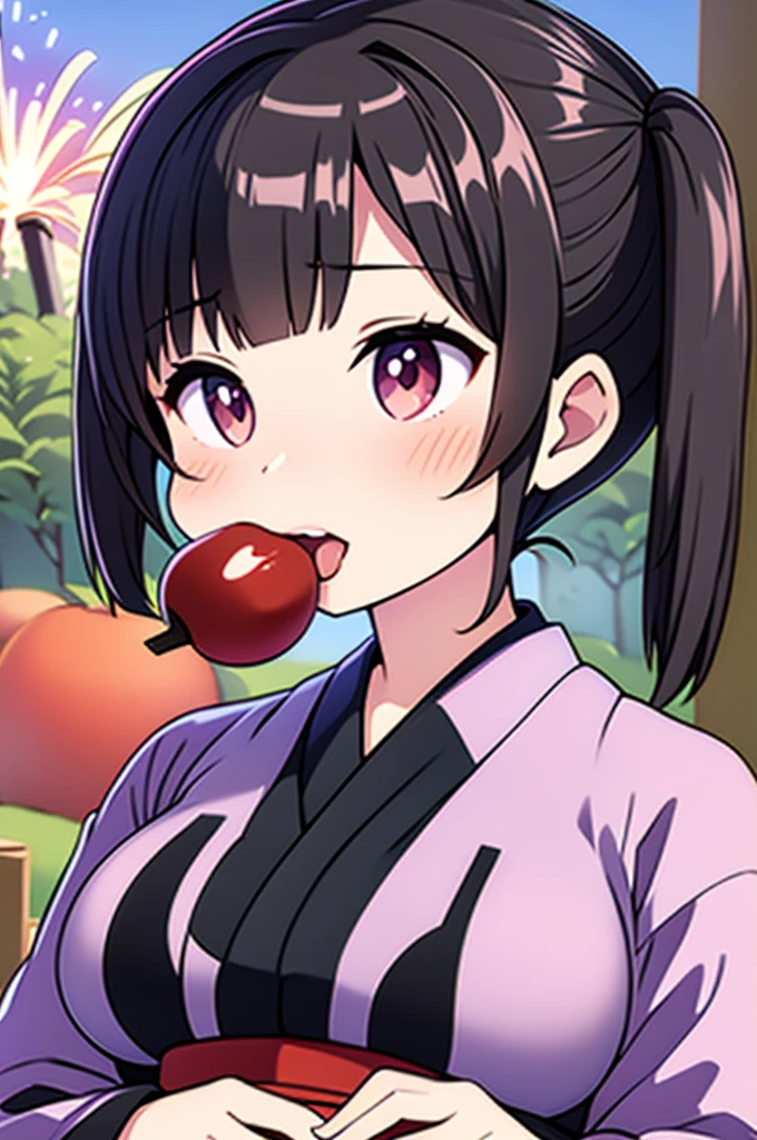 Black hair twin tails、yukata、Big Breasts、firework、Licking a candy apple with your tongue、Close one eye