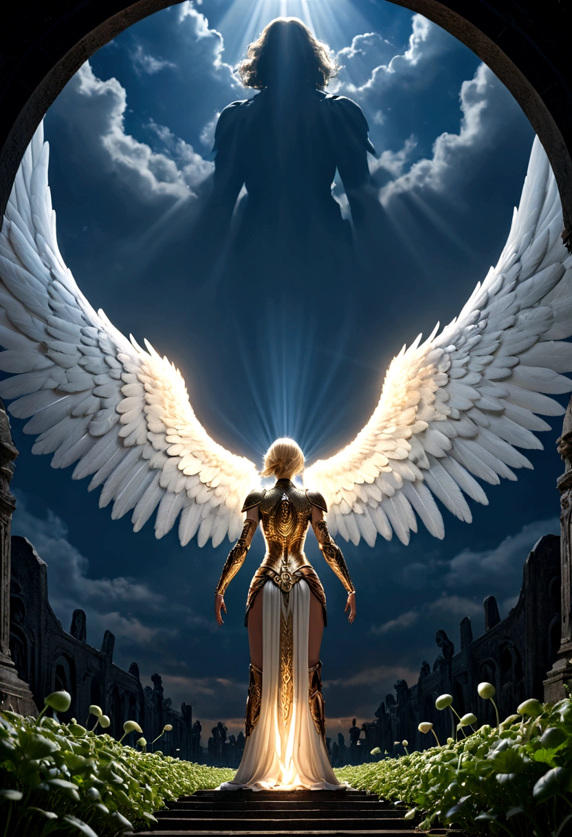 a model shot (taken from the back: 1.5), 16K, ultra detailed, masterpiece, best quality, (extremely detailed), arafed, dnd art, portrait, full body, aasimar, female, (Masterpiece 1.3, intense details), female, paladin, holy warrior, spread large feathered wings, (wings sprouting from the back: 1.3), majestic wings, white angelic wings spread (Masterpiece, intense details: 1.5), moon light, moon, stars, clouds, holy symbol, armed with sword, short blond hair, dark fantasy cemetery background, anatomically correct (Masterpiece 1.3, intense details), angel_wings, determined face, god rays, cinematic lighting, glowing light, silhouette, from outside, photorealism, panoramic view (Masterpiece 1.3, intense details) , Wide-Angle, Ultra-Wide Angle, 16k, highres, best quality, high details