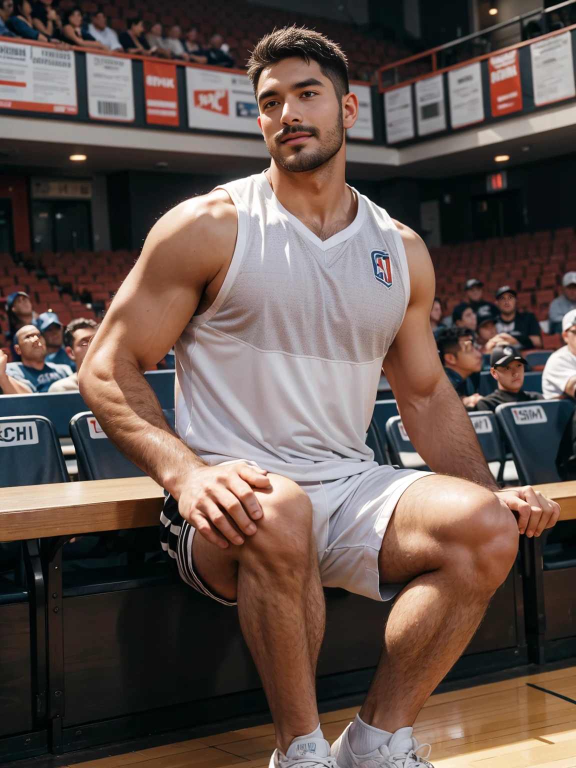 No coats! Wear only shorts!!smile, short hair, black hair, brown hair, black hair, sitting, male focus, multiple , shoes, shorts, arms, wristband, sneakers, sportswear, bench, basketball, basketball uniformanother, chest hair, , navel hair, leg hair, armpit hair, hairy, (Chest hair:1.8) ! High detail 8K)! ((Realistically)), ! 186 cm! 70 kilograms! Popular clips! ( High-detail 8k ((realistically)), Exposed chest muscle and chest hair!, best quality, bright lighting, focus, theater! 35 years old, hairy breasts, thick hair Adam Dario Kier screenshot, Reddit, photo realism, gray hair!real photos!Thick moustache!(Chest hair:1.5)Real photos!
