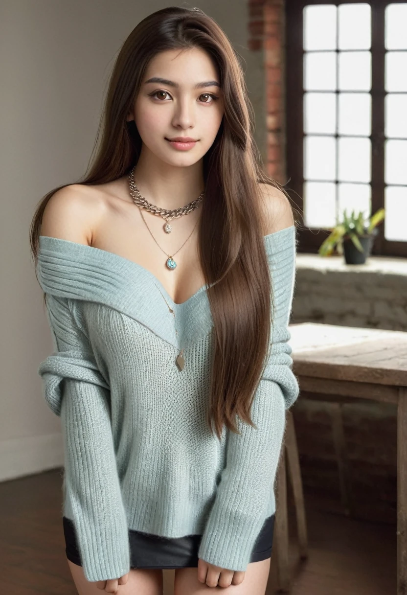 1girl in, 19, Solo, Long hair, Colossal , Looking at Viewer, Bare shoulders, Brown eyes, jewely, Full body, a necklace, off shoulders, Sweaters, Realistic, A sexy—no hands