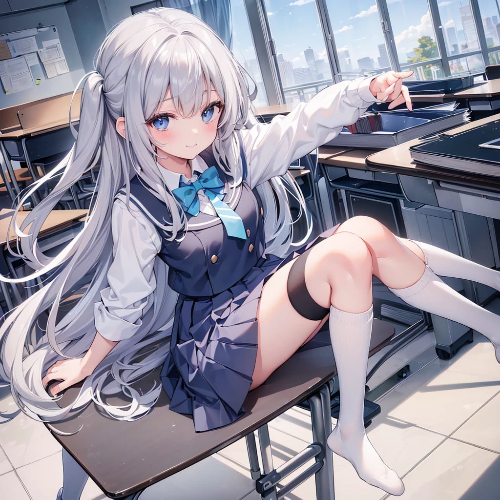 ((highest quality)(High resolution),high school student,A light smile,(Straight hair with gray hair),(Bright Blue Eyes),Black pleated skirt,(White knee-high socks),classroom,
