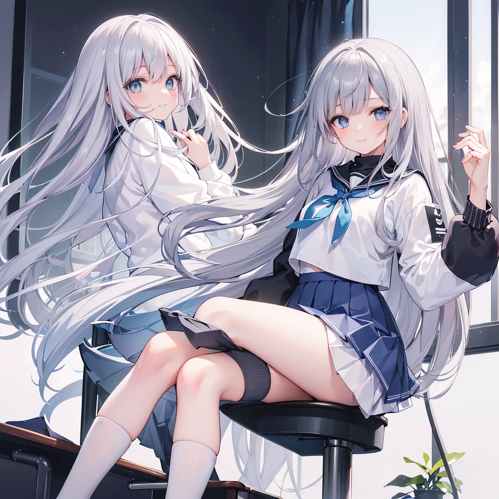 ((highest quality)(High resolution),high school student,A light smile,(Straight hair with gray hair),(Bright Blue Eyes),Black pleated skirt,(White knee-high socks),classroom,