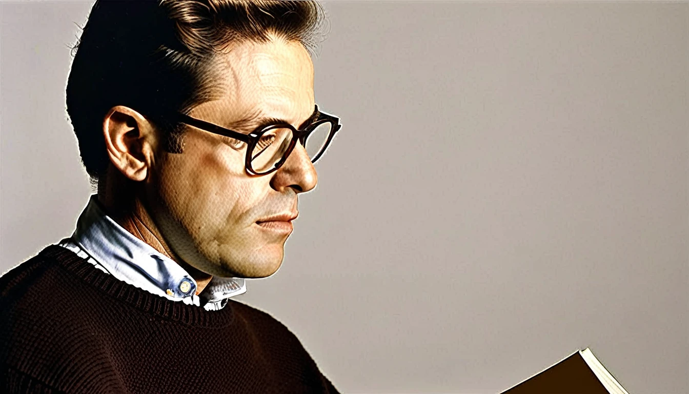 arafed man in glasses and sweater writing on a piece of paper, an album cover by Howard Mehring, flickr, serial art, paul rand, alvin schwartz, photographic still, david curtis, catalog photo, ari aster, henri moore, frank franzzeta, portrait of chuck clayton, posed in profile, ivan chermayeff, jean girard