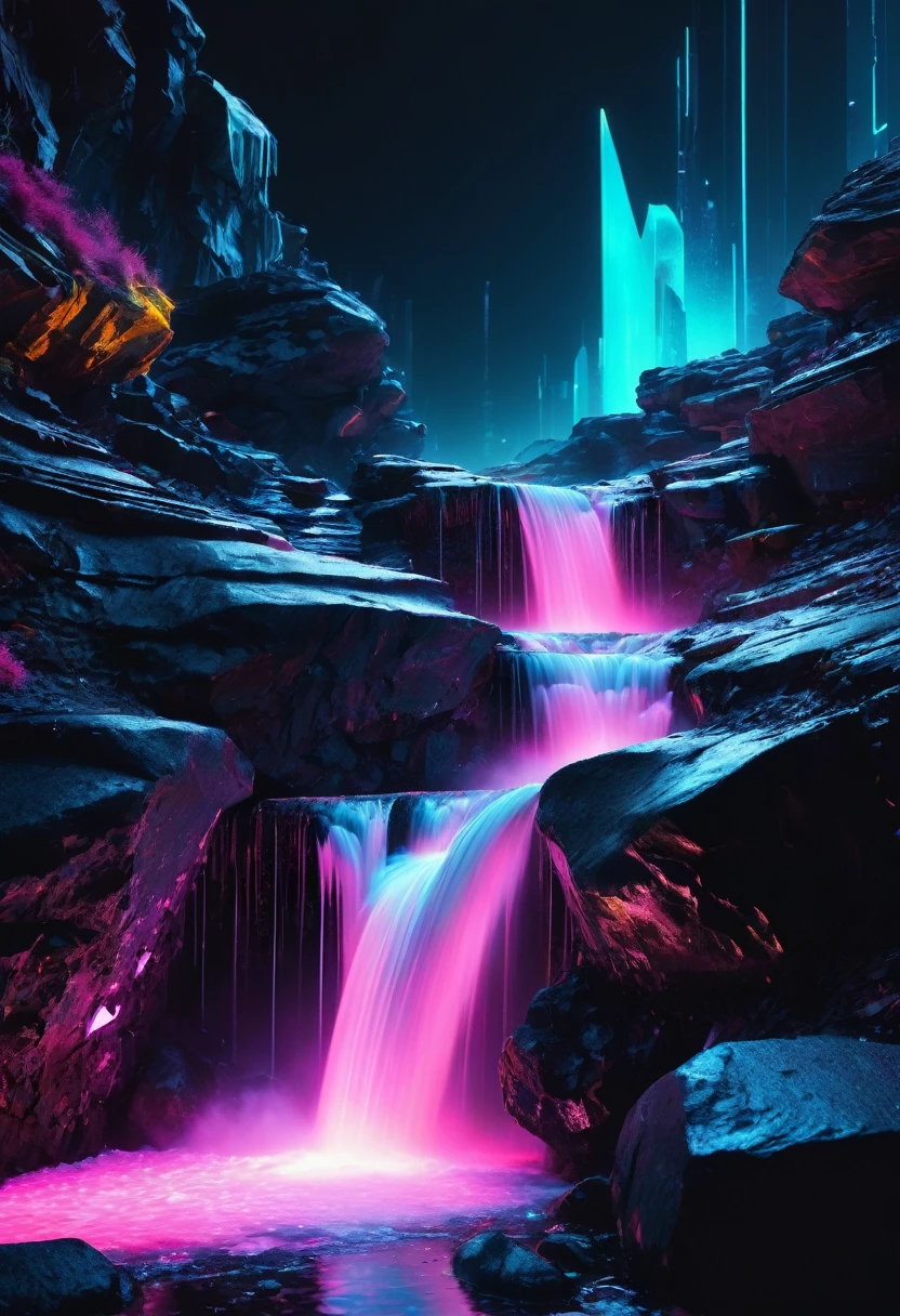 surrealism,lumining colored rocks abstract 3d object holographic fabric neon back light,waterfall of luminous paint,dusts,a lot of small bubbles,small elements,cracks,crystals,plastic film,cybernetic prosthesis,lumining elements,well -developed details,absolutely black background,old battered clothes made of black linen,hyper realistic picture,8k,photo,depth of field,the background is blurred,cyberpunk,beeple,hoodas,neon lights,