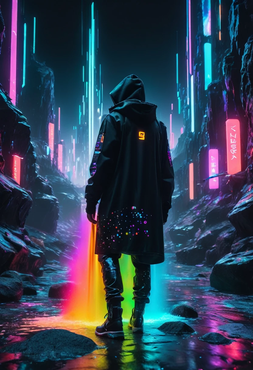surrealism,lumining colored rocks abstract 3d object holographic fabric  neon back light,waterfall of luminous paint,dusts,a lot of small bubbles,small elements,cracks,crystals,plastic film,cybernetic prosthesis,lumining elements,well -developed details,absolutely black background,old battered clothes made of black  linen,hyper realistic picture,8k,photo,depth of field,the background is blurred,cyberpunk,beeple,hoodas,neon lights,