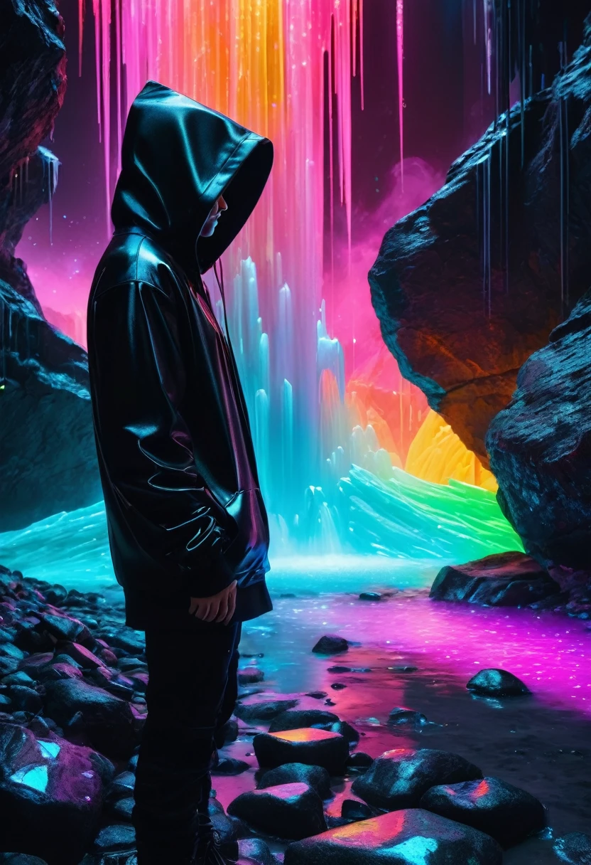 surrealism,lumining colored rocks abstract 3d object holographic fabric  neon back light,waterfall of luminous paint,dusts,a lot of small bubbles,small elements,cracks,crystals,plastic film,cybernetic prosthesis,lumining elements,well -developed details,absolutely black background,old battered clothes made of black  linen,hyper realistic picture,8k,photo,depth of field,the background is blurred,cyberpunk,beeple,hoodas,neon lights,