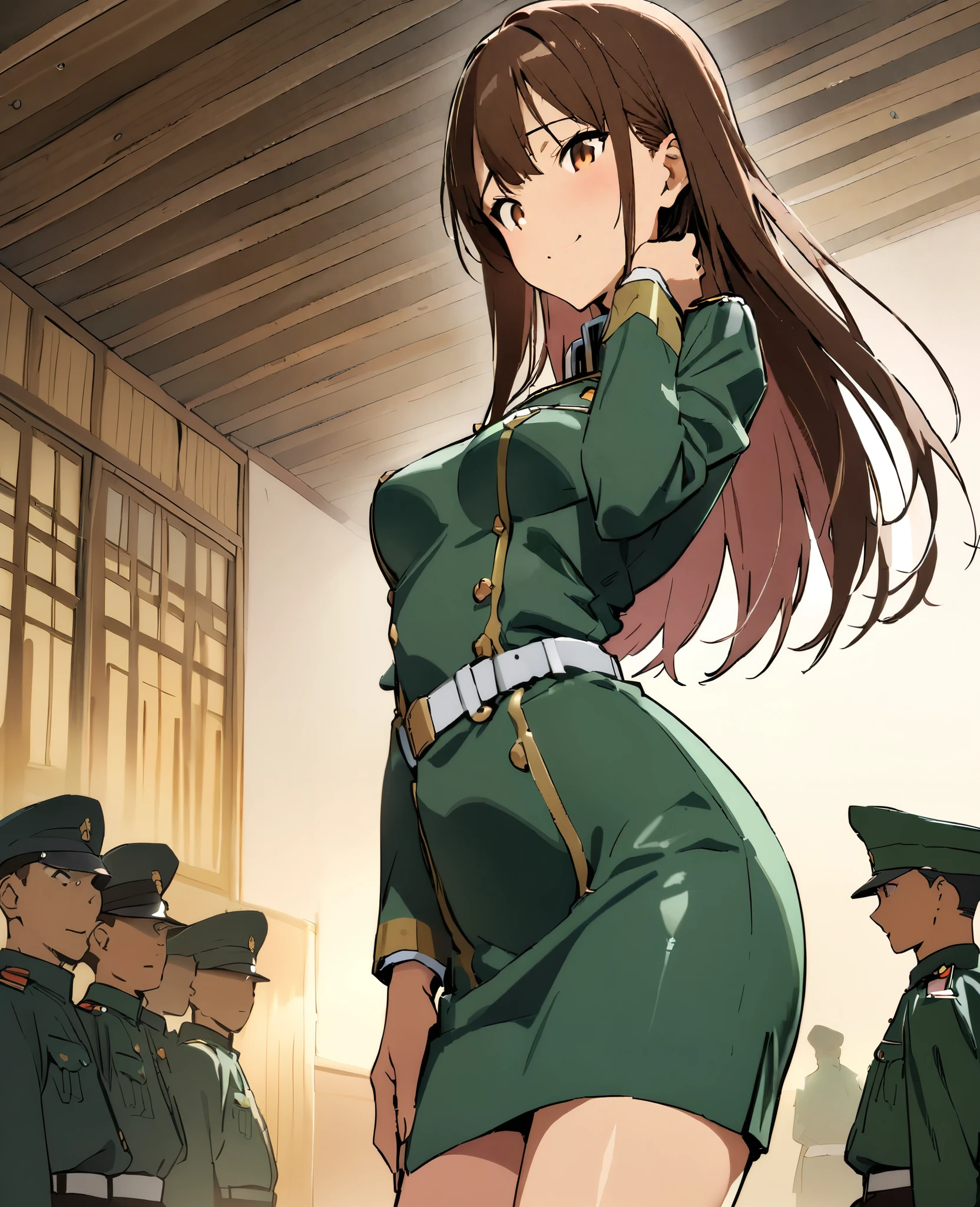 (((masterpiece, highest quality:1.5,absurdres))),20 year old beauty,solo,((very small head)),long hair,bangs,dark brown hair,brown eyes,shy,smile,medium breasts,((very long body)),((toned body:1.2,slender body)),skinny,gleaming skin,shiny skin,((Army infantry uniform、saber、Tight mini skirt)),army base、taisho steampunk、Japan in the Taisho Period、Takeda Hiromitsu style,