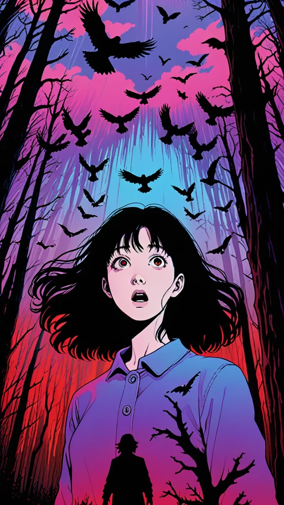 illust、art、from 80s horror movie, directed by Junji Ito、in the forest、A woman with a scared expression、Countless crows are flying into the sky, The silhouette of a giant monster towering into the sky、Overaction、Overreaction、Hanging corpse、high detail, realsitic shadow、Analog style, vhs style, 8mm film, chromatic aberration, Dvd screengrab、Blue-purple and red-purple gradation、The woman's expression is clear