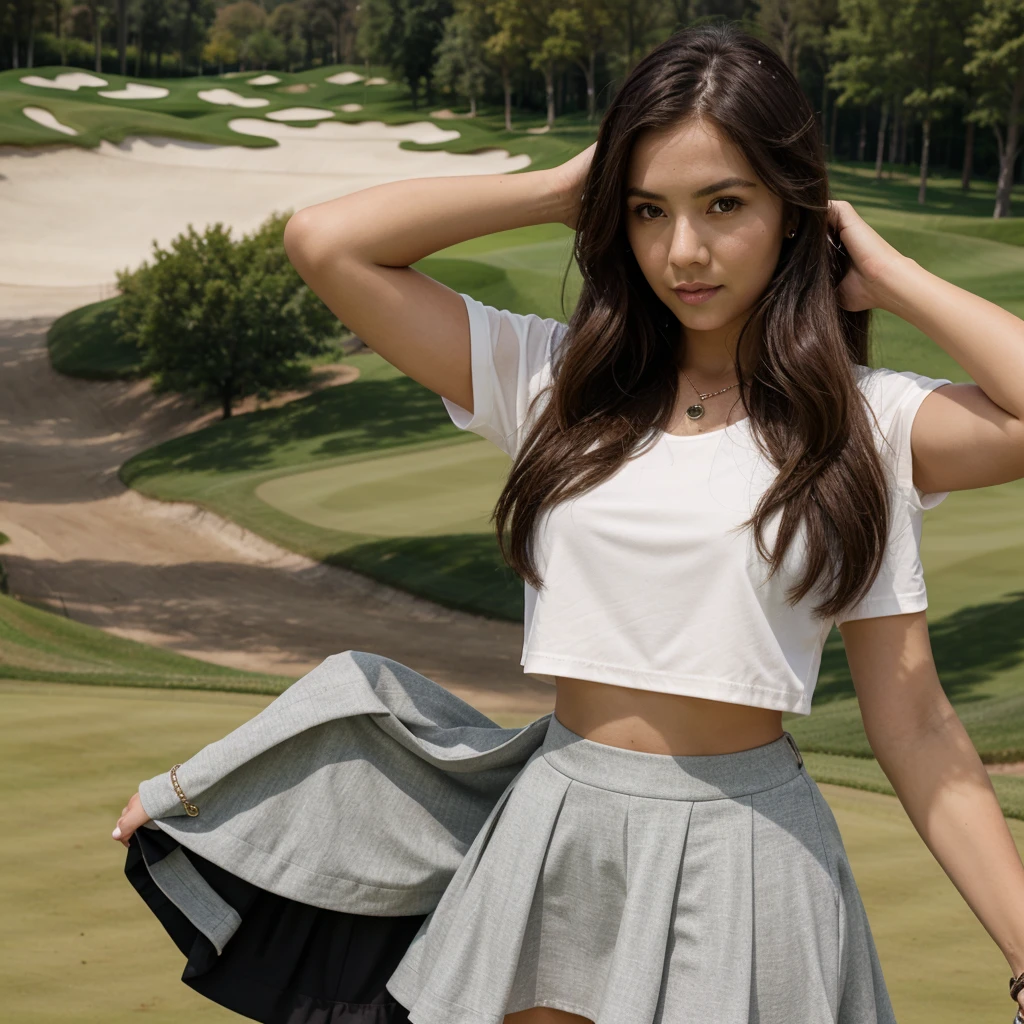 1girl in, 30 years old, Square face, Long hair, Looking at viewer, jewelry, Reality, Sexy, Short skirt outfit, , golf course backdrop, free pose