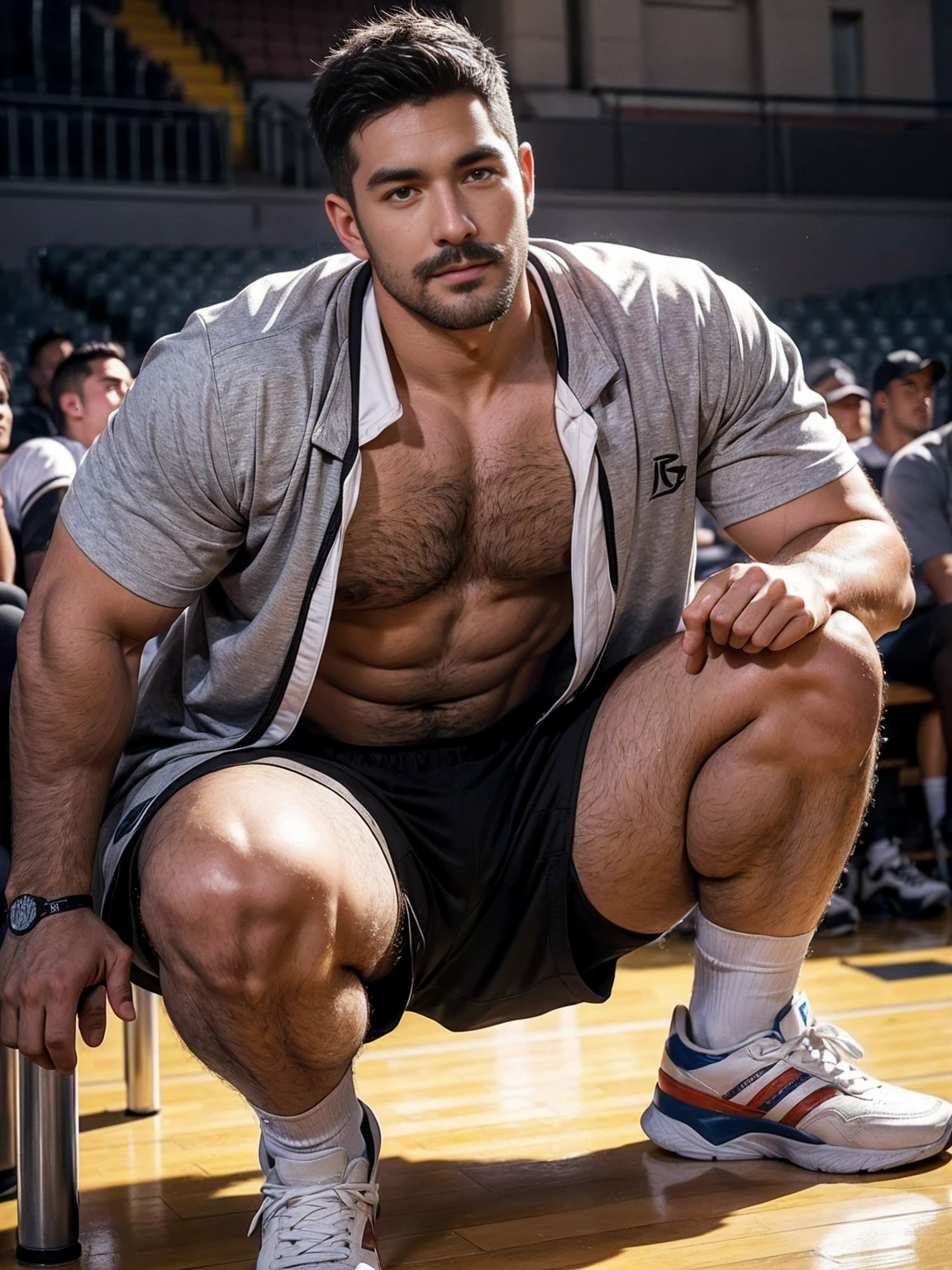 smile, short hair, black hair, brown hair, black hair, sitting, male focus, multiple , shoes, shorts, arms, wristband, sneakers, sportswear, bench, basketball, basketball uniformanother, chest hair, , navel hair, leg hair, armpit hair, hairy, （Chest hair：1.8） ！ High detail 8K)! ((Realistically)), ! 186 cm! 70 kilograms! Popular clips! ( High-detail 8k ((realistically)), Exposed chest muscle and chest hair!, best quality, bright lighting, focus, theater! 35 years old, hairy breasts, thick hair Adam Dario Kier screenshot, Reddit, photo realism, gray hair！real photos！Thick moustache!(Chest hair：1.5）Real photos!