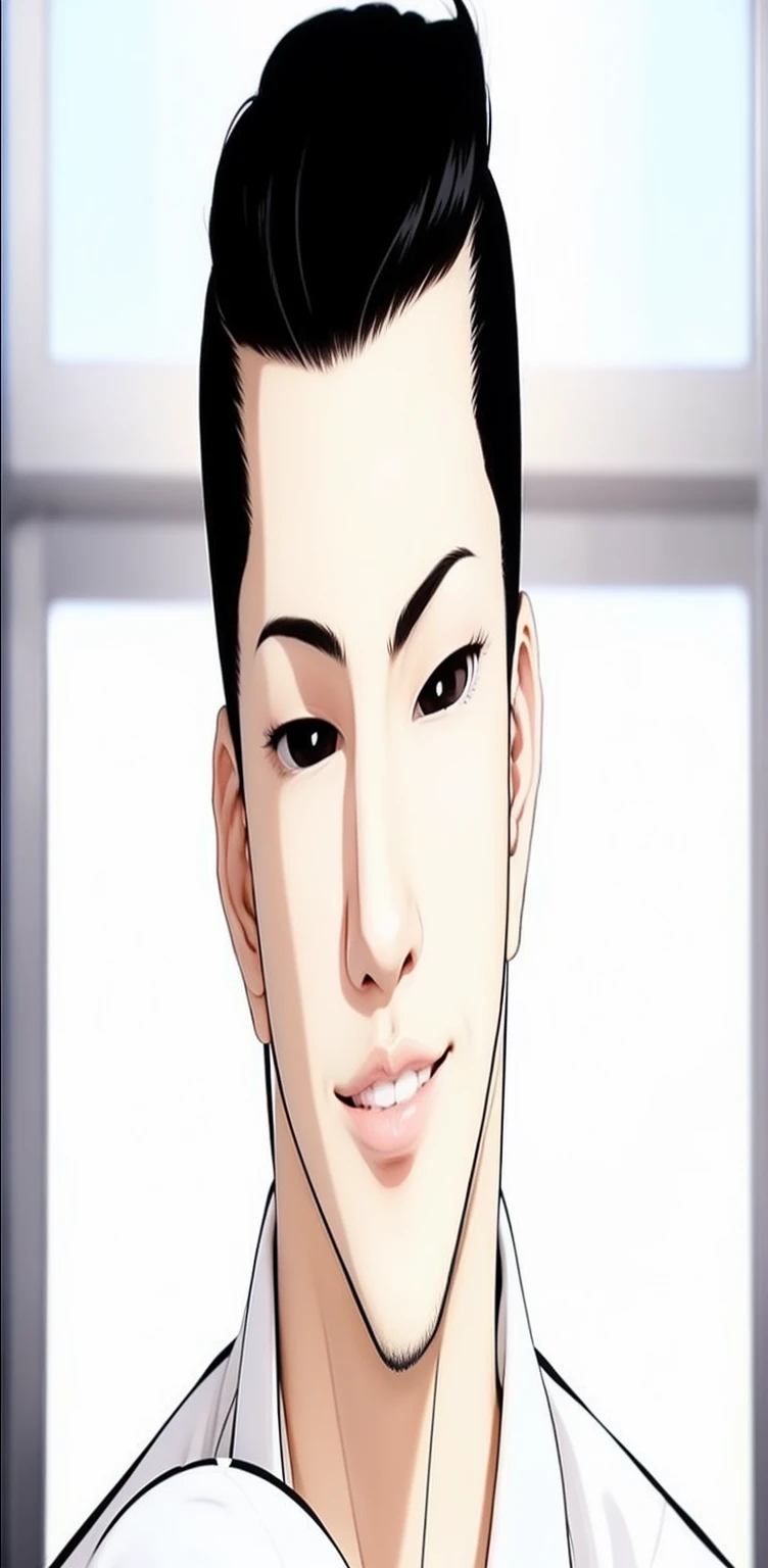 Tall Guy. The character Gun Park is from the webtoon Lookism. Korean. Black hair. Black eyes with white pupils. White suit. Exactly the same as in the photo. Detailed. Reality. In real life. High quality.