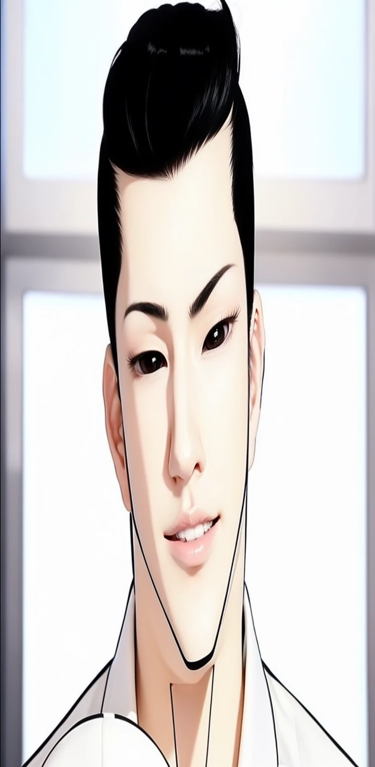 Tall Guy. The character Gun Park is from the webtoon Lookism. Korean. Black hair. Black eyes with white pupils. White suit. Exactly the same as in the photo. Detailed. Reality. In real life. High quality.
