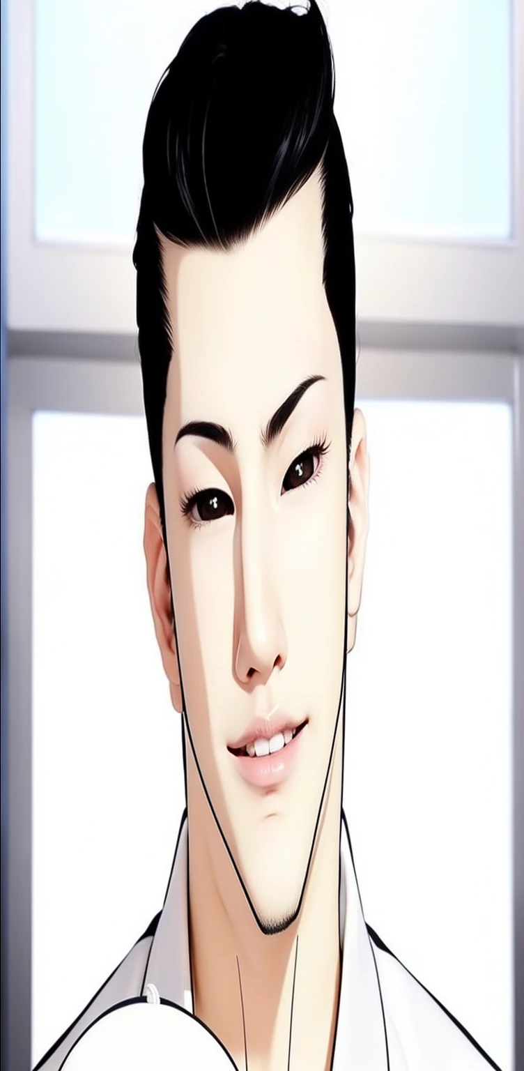 Tall Guy. The character Gun Park is from the webtoon Lookism. Korean. Black hair. Black eyes with white pupils. White suit. Exactly the same as in the photo. Detailed. Reality. In real life. High quality.
