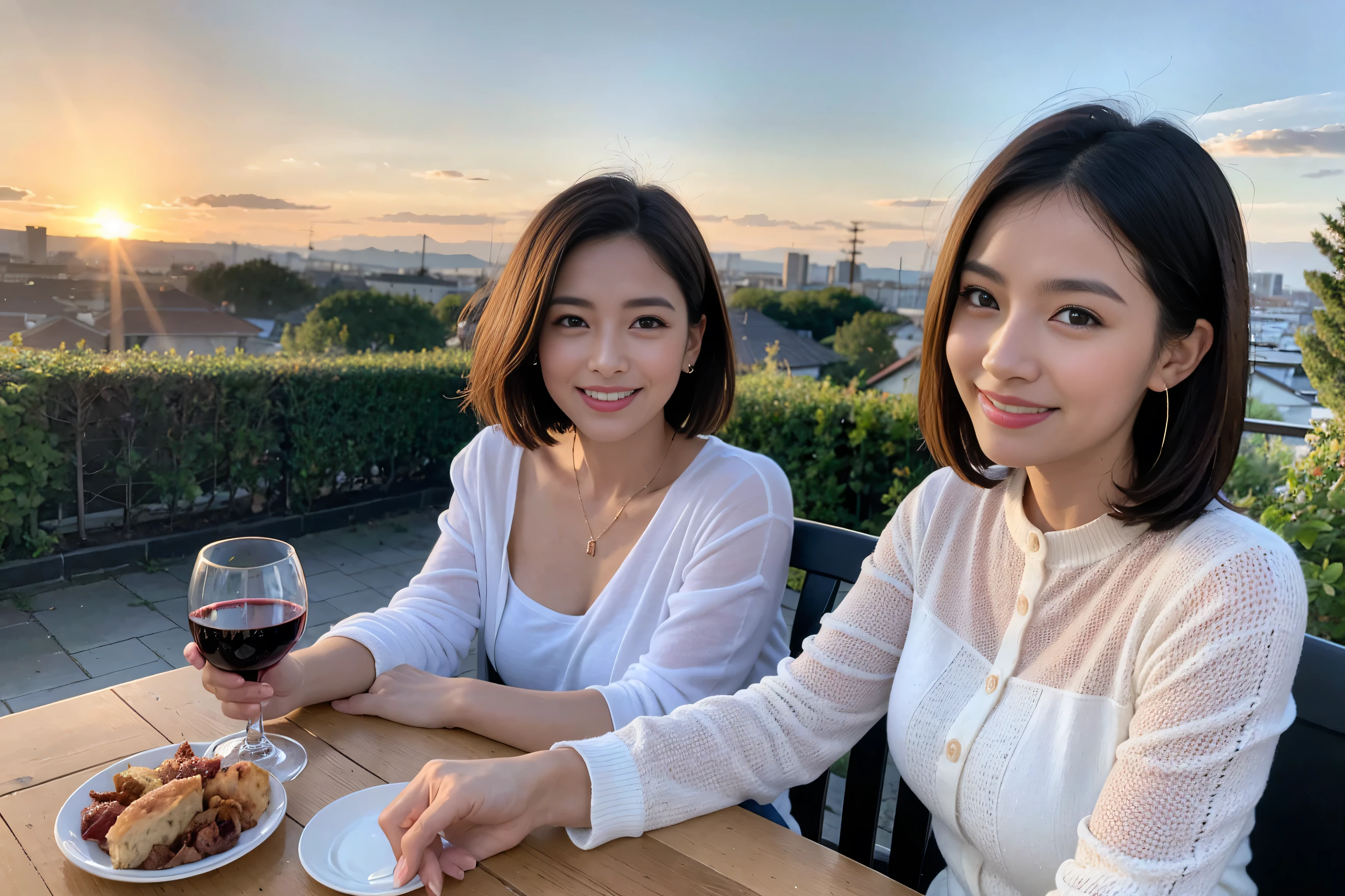 ((highest quality、8k、masterpiece:1.3))、 (Genuineistic, Genuine、Bright image、Intricate details:1.2), The best smile 1 man 1 woman、Beautiful Couple、spouse、Couple、spouse、actresodel Couple、smile、full-course dinner、 (Slim face), (the body is slim), (Brown Hair), (short hair), Wine glass on the table、Please shine a light on my face、 Amazing view of the sunset sky and clouds、 (42 years old), 39 years old, red wine 、Appetizers、Wine bottle、sparkling wine、Long sleeve shirt、dress、White wine, red wine, wine glass, 