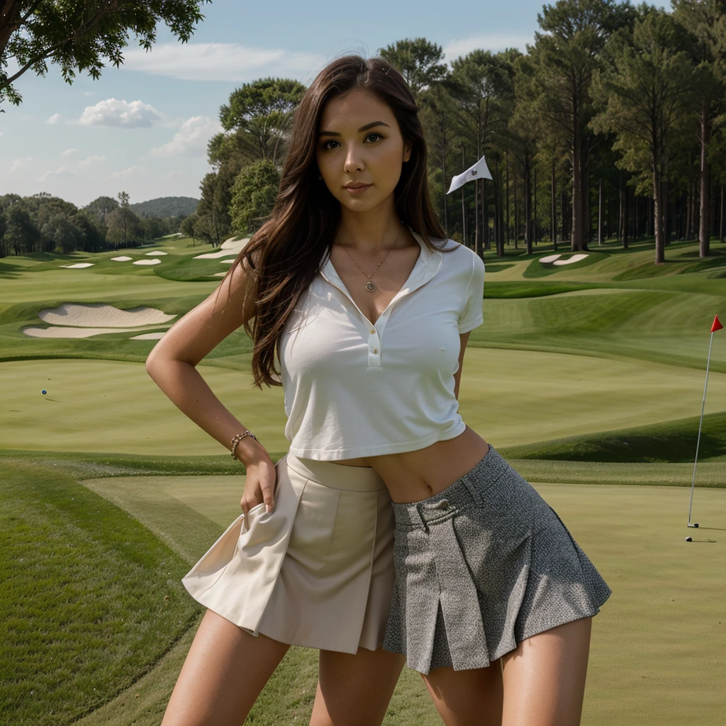1girl in, 30 years old, Square face, Long hair, Looking at viewer, jewelry, Reality, Sexy, Short skirt outfit, , golf course backdrop, free pose