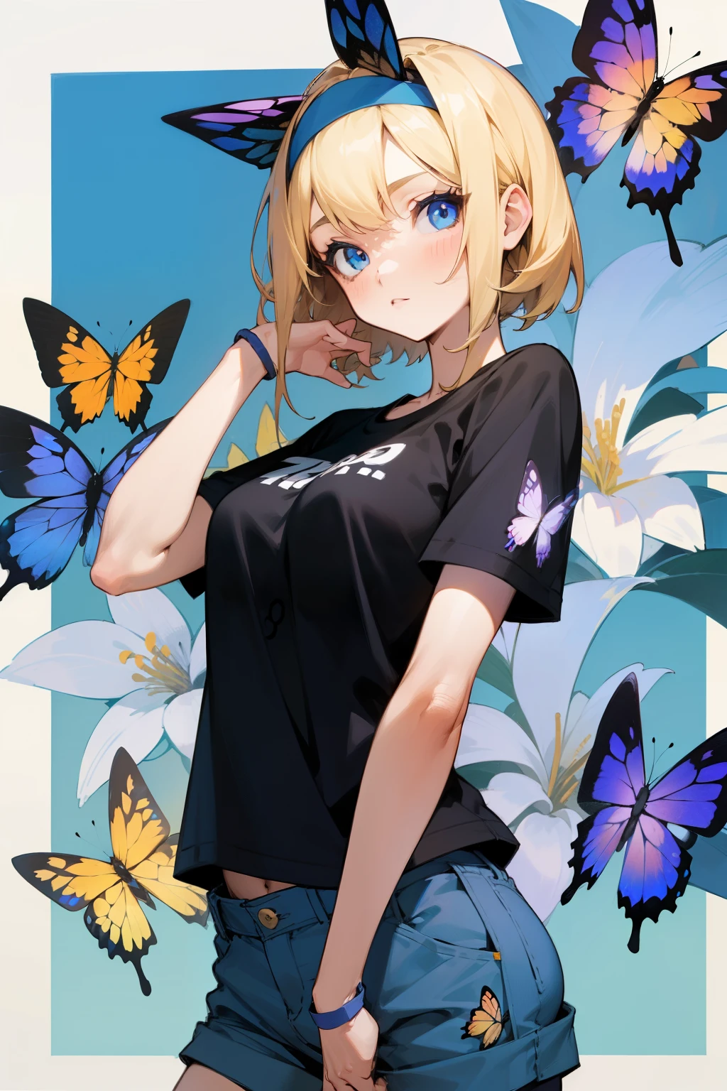 Girl, blonde hair, blue eyes, blue headband, short pants, big breasts, a slightly light black T-shirt with short sleeves and decorated with flowers and butterflies,