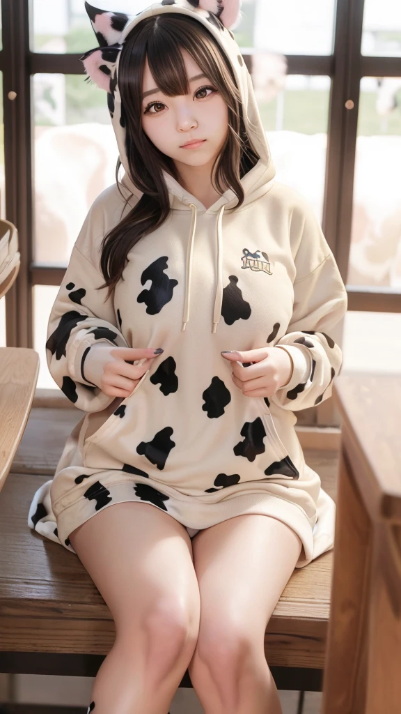 Masterpiece, bokeh, 4K, Beautiful high school girl, (Japanese idle:1.6), (cow pattern Hoodie:1.3), (Cat ears:1.3), (Big cows:1.6), sundown classroom,