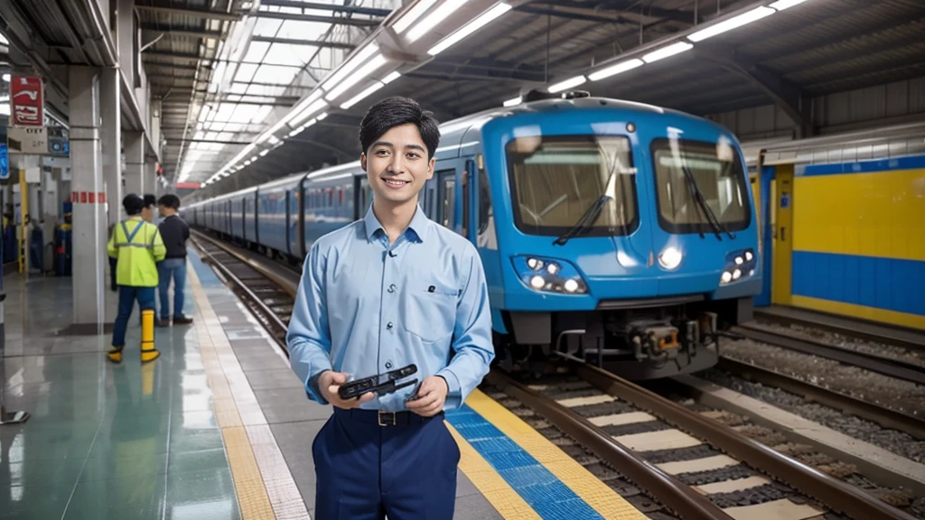 Workers repairing electric trains,Subway maintenance workshop,There are 5 tracks full of subway cars.。The engineer is a 28-year-old Asian male,Wearing a light blue long-sleeved shirt work clothes,Wearing dark blue work pants,Holding a wrench in each hand,Holding a flashlight in one hand,A happy smile on his face。Vision,Three electric train heads can be seen in the front of the photo,The top of the factory building is a glass structure