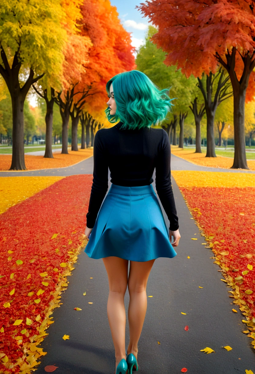 a model shot of woman walking in the park at autumn, a young woman, wearing a (short blue skirt: 1.1), (green hair: 1.1), long hair, wavy hair, high heels, strolling in the park at autumn, a shot from the rear, she is leaving, no looking back, there are leaves on the road, many leaves in red, orange and brow, full spectrum, vibrant colors, urban park at autumn background, trees with orange, red, yellow leaves, a sense of departure, glamours shot, best quality, 16k, RAW, award winning, [ultra detailed], masterpiece, best quality, (ultra detailed), full body,  photorealistic, 3D rendering, Cinematic Hollywood Film