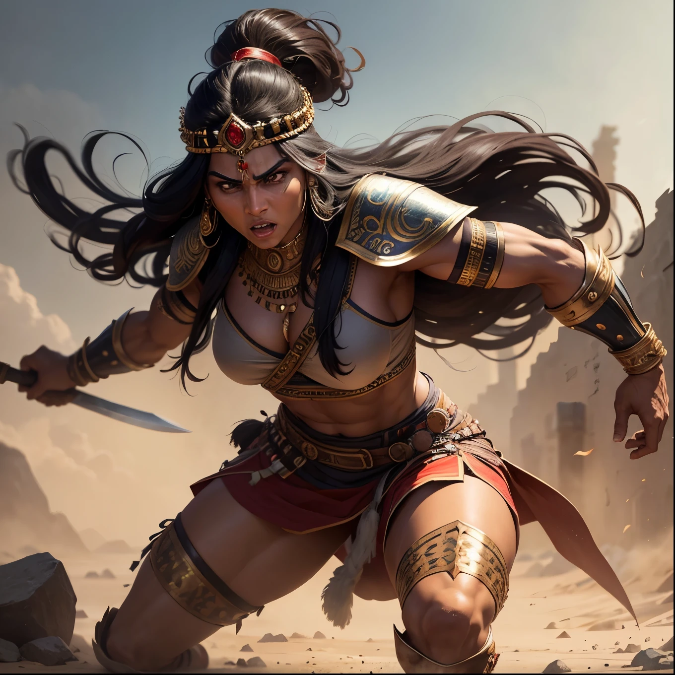 A muscular indian warrior queen 38 years old, looking straight, very detailed dominated eyes, wears battle clothes, weapons, destroying expression, stood on ground