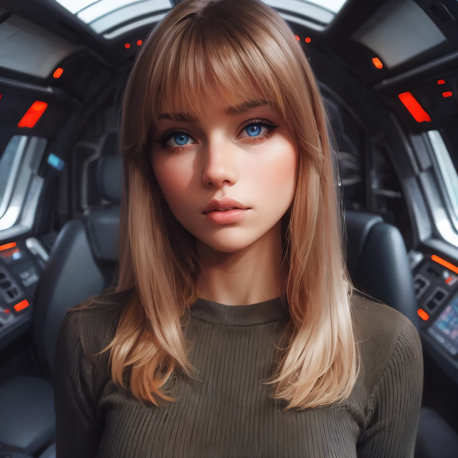 Arabian woman with long blonde hair and blue eyes in a car, 美しいSFPortrait of a Girl, Attractive SF face, neat hair With bangs, SF wind, Anton Fadeev 8k, With bangs, Anna Nikonova、Also known as New Milky, SF wind, 🤤 Portrait of a Girl, Olya Bosak, In the spaceship, SF Women