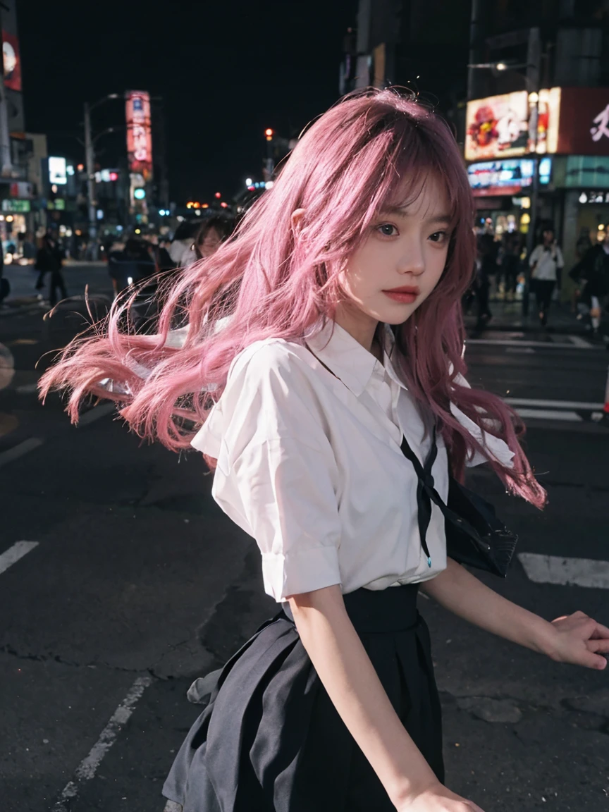 Tokyo, Kabukicho, Long hair fluttering in the wind, Pink Hair, HD, skirt