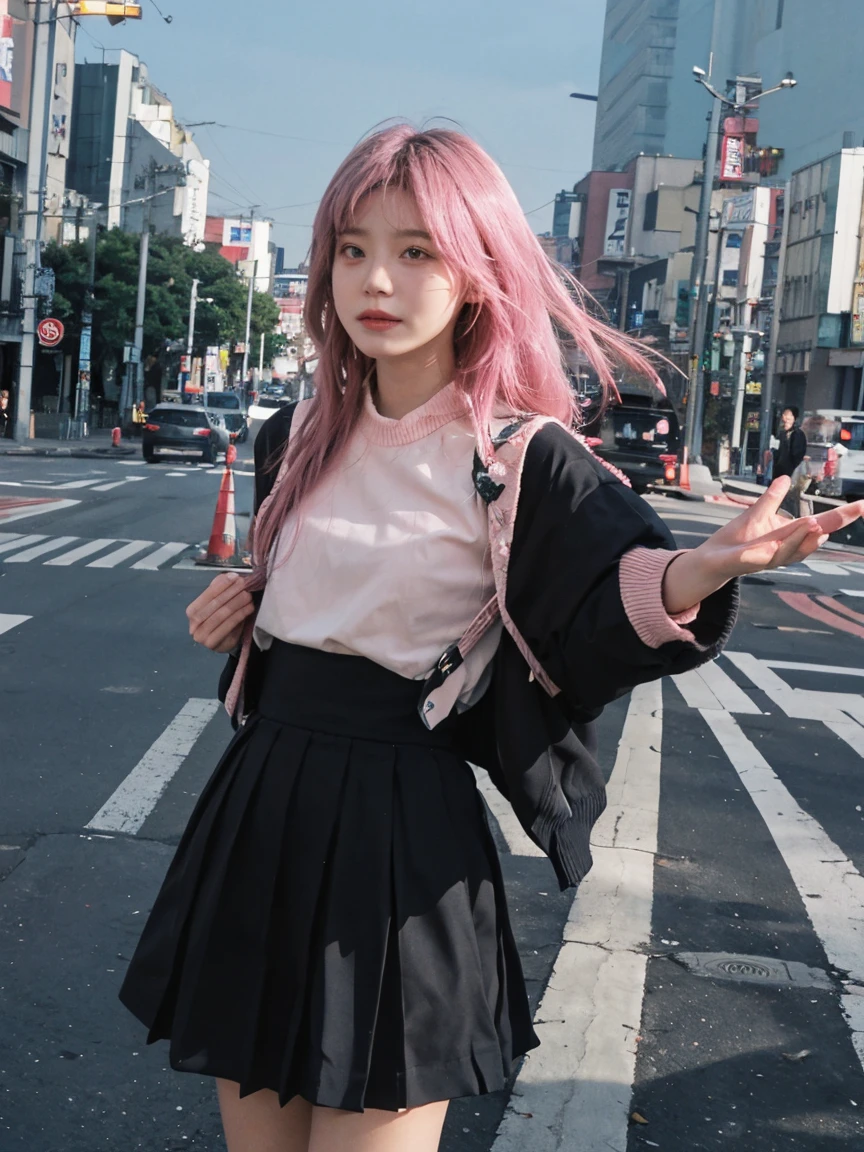 Tokyo, Kabukicho, Long hair fluttering in the wind, Pink Hair, HD, skirt