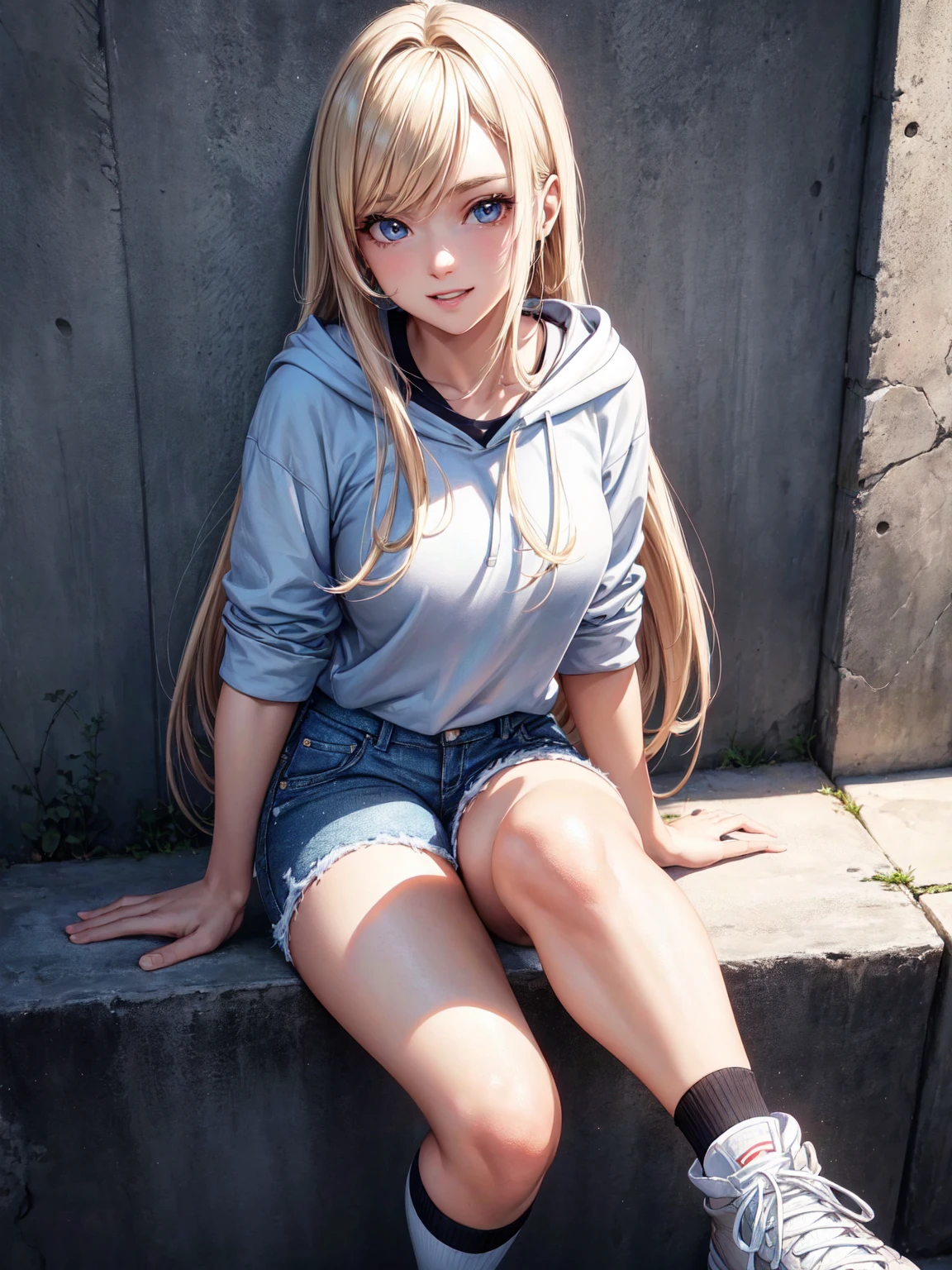 Sexy Western female student, sporty posture, mid-length blond hair, minimal makeup, university hoodie, tight denim shorts, knee-high socks, sneakers,youthful, sitting, leaning against a wall, confident smile, soft ambient lighting, clear skin texture, casual and trendy,Detailed face,detailed eyes,detailed nose,detailed mouth,((UHD,masterpiece,super detail,award winning:1.4,best quality:1.2,highres,high quality)),