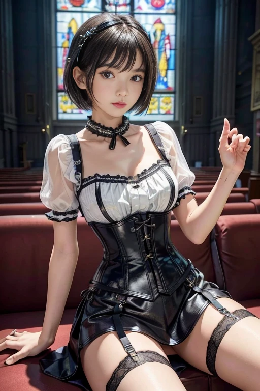 masterpiece, 1 beautiful girl, best quality, 超high resolution, (Reality: 1.4), original photo, movie lighting, Japan, asian beauty, Super beautiful, Beautiful skin, Thin, (超Reality的な), (high resolution), (8K), (Very detailed), (Best Illustration), (beautiful thin eyes), (Super detailed) , Delicate face, Looking at the audience, Direct vision, (Lemon dress,Leather Corset Dress) , short hair, Black Hair, 46 points side bangs, A white church, Neat atmosphere,mini skirt,Garter belt,sit,Open your legs