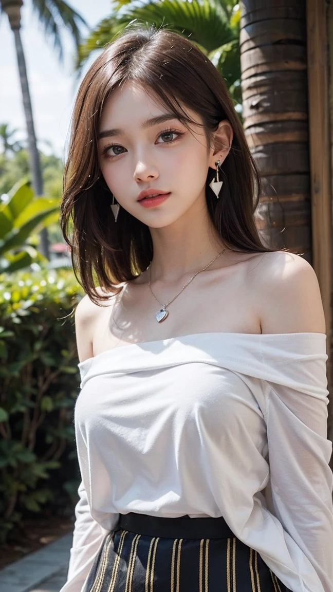 Top-quality Realistic,Official art,Highly detailed CG Unity 8k wallpaper,ultra-detailliert,hight resolution,Physically-based rendering,Magnificat,finely detail,masterpiece,Best Quality,ultra detailed, Face Light,Mature beauty,Beautiful girl,1girl,moist lips,sexy lips,Sexy smile,Gentle smile, 20 years old, Beautiful bare skin,Smooth bare skin,(Beautiful and radiant skin), big well-shaped breasts, beautiful cleavage,beautiful Mature body,swept bangs,(Medium hair:1.3), beautiful detailed eyes,model shoot style,Japanese Idol, Full-body,((Promenade surrounded by tropical trees)),(Naked Oversized off shoulder Sheer White T-shirt:1.5)),BREAK,(Heart shaped necklace),(Triangle ornament earrings),nsfw,(no panties:1.3),BREAK,((Yellow and black stripes flared micro mini skirt:1.2)), (walk through the shopping Promenade),walking position,(upper body:1.2), looking up, from below,gentle smile like a goddess, ((Extreme close-up)),