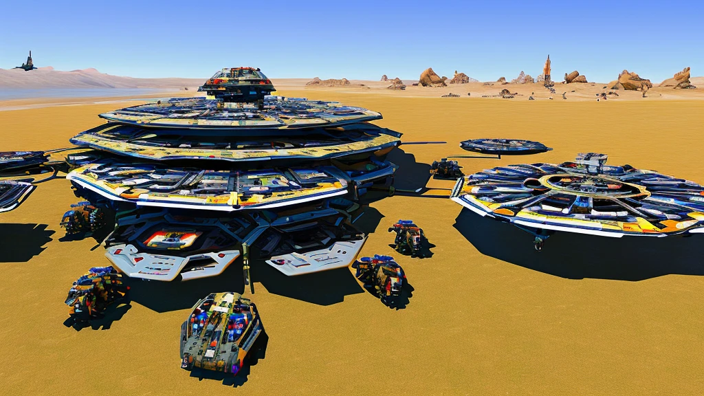 giant heavily armored futuristic flying all terrain mothership, covered in rainbow batik pattern and glowing javanese runic symbols, multiple retractable cybernetic spider legs with wheels on the tip, multiple helipad, multiple propeller, mobile headquarters, mobile command center, automatic turrets, missile banks, missile defense system, multi-port rear engine arrays, large pivoted missile pods, anti-air batteries, reactive armour over vital spaces, VTOL thrusters, ventral ground-facing VTOL thruster bays, retractable center cannon, super carrier, sky carrier, space station, floating city, floating castle, white background, 3d rendering