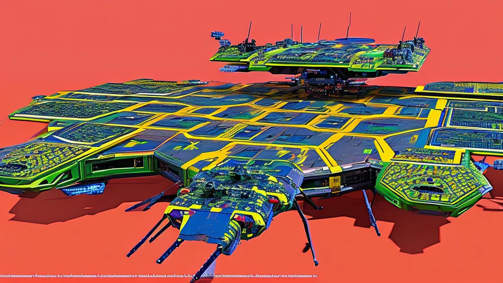 giant heavily armored futuristic flying all terrain mothership, covered in rainbow batik pattern and glowing javanese runic symbols, multiple retractable cybernetic spider legs with wheels on the tip, multiple helipad, multiple propeller, mobile headquarters, mobile command center, automatic turrets, missile banks, missile defense system, multi-port rear engine arrays, large pivoted missile pods, anti-air batteries, reactive armour over vital spaces, VTOL thrusters, ventral ground-facing VTOL thruster bays, retractable center cannon, super carrier, sky carrier, space station, floating city, floating castle, white background, 3d rendering