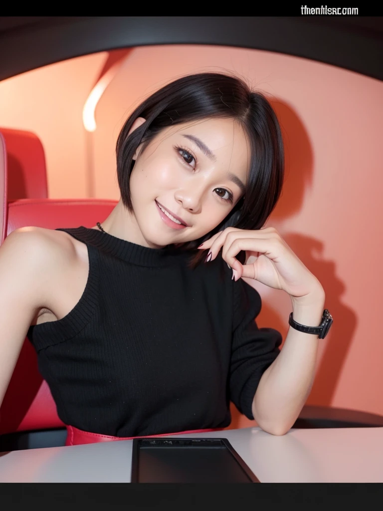Beautiful female, little smile, bob hair, off shoulder