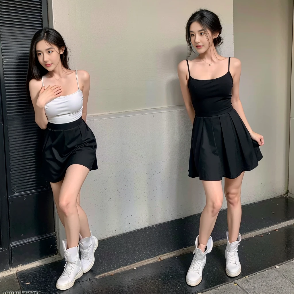 (a photo of the night sky), (a photo of a nighttime landscape), (black dress), (a girl pretty girl with perfect figure), (Short flared dress), (cotton spaghetti-strap top), (strapless dress), (short black summer wedding dress), (32K,1 20-year-old girl, The light from the rear window is backlit, Ray traching), (full body), (white sneakers), (a pair of white leather boots, highly detailed boots), (hair black), (two-parted hair :1.3), (very thick hair), (hands close to the body), (Slender chest), (visible shoe sole :1,5), (short upper chest :1.5), (pectoral muscles are large :1.5), (upper breasts are firm and round :1.5), (stand upright), (two shoe ends), (two shoe toes) ,(put on blush), (apply powder), (makeup), (standing), (asian girl princess), (thick thighs), (large calves), (Black non-reflective fabric for making dresses), (dark colthing), (large knees), one-piece dress, seamless dress), (standing), (one-piece skirt), (seamless skirt), (long shins) , (big shins), (Hem full flared dress), (standing exactly), (center shoes shot), (she is walking), (standing), (knee gap), (skirt cover knee), (skirt meet knee), (white sneakers), (a pair of white leather boots, highly detailed boots), (cotton spaghetti-strap top)