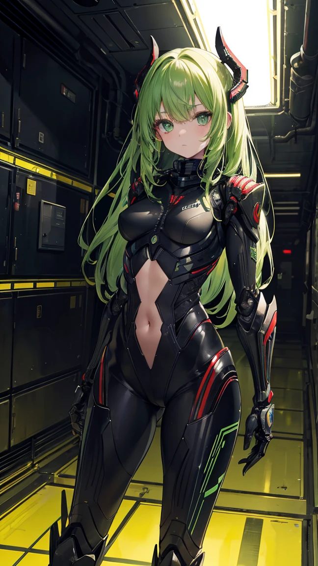 8k, highest quality, (real:1.4), Original photo, 1 girl, Xenomorph Hair, Biomechanical exoskeleton, Shiny black shell, posture: Lurking in the dark corridors of the space station, Acid green eyes searching for prey