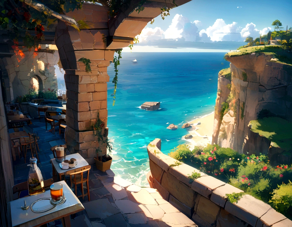 A broad perspective, Beautiful cafe on a sandstone cliff, Ocean,, Vivid colors, scenery, Beautiful atmosphere, 8k, Peaceful landscape, Essential Details
