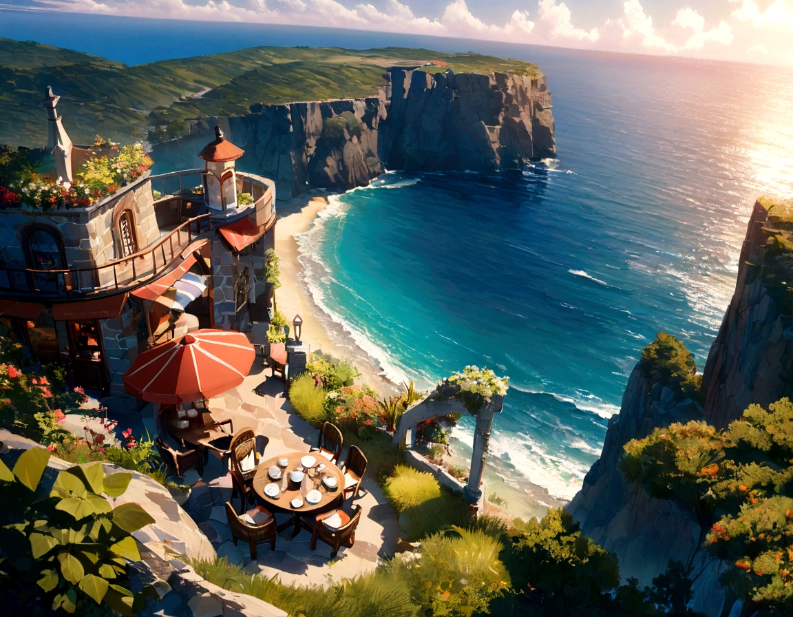 A broad perspective, Beautiful cafe on a sandstone cliff, Ocean,, Vivid colors, scenery, Beautiful atmosphere, 8k, Peaceful landscape, Essential Details