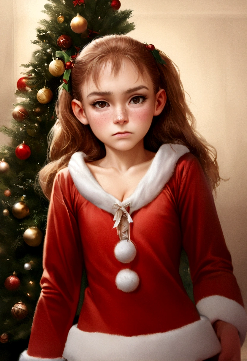 Full body portrait of an embarrassed Beautiful hermione granger girl, embarrassed look, face with freckles, freckled nose, wearing an embarrassing and humiliating santa costume, christmas tree, canon 50 mm, realistic portrait, highly detailed, analog style, skinny toned body, cleavage, wearing an embarrassing and humiliating santa costume