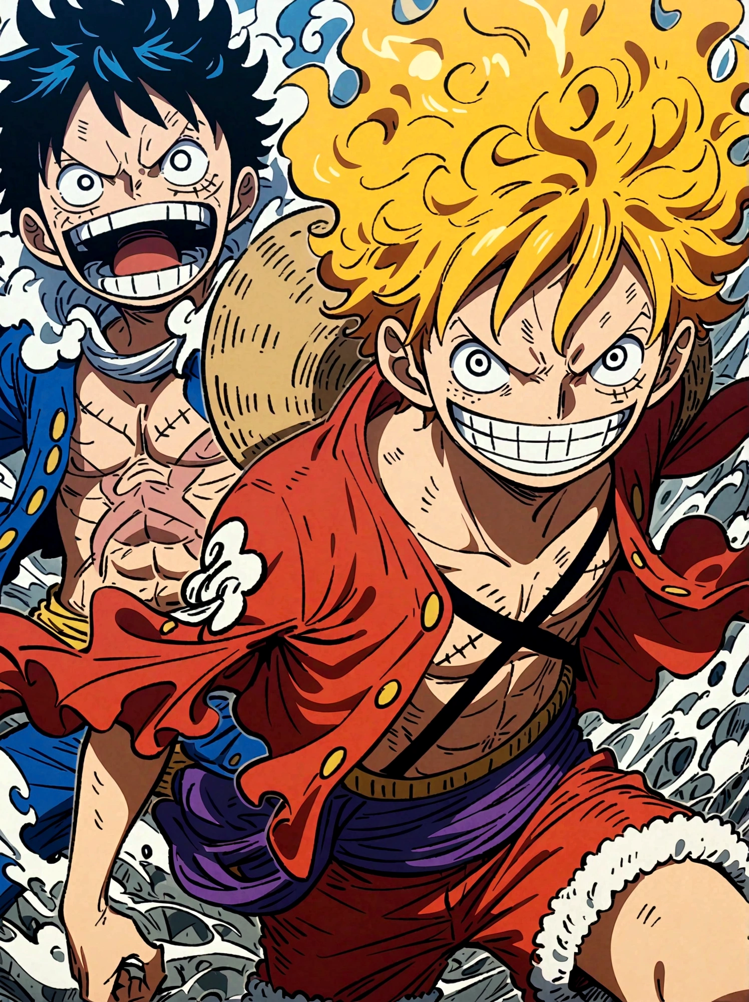 Create an exciting poster with Luffy from "one piece" em um ataque de raiva, wolf-headed. Capture the essence of his fiery determination and unyielding spirit as he unleashes his wrath on his enemies. Mantenha-o curto, ousado, e intenso para transmitir o poder bruto da raiva de Luffy, boy, anime