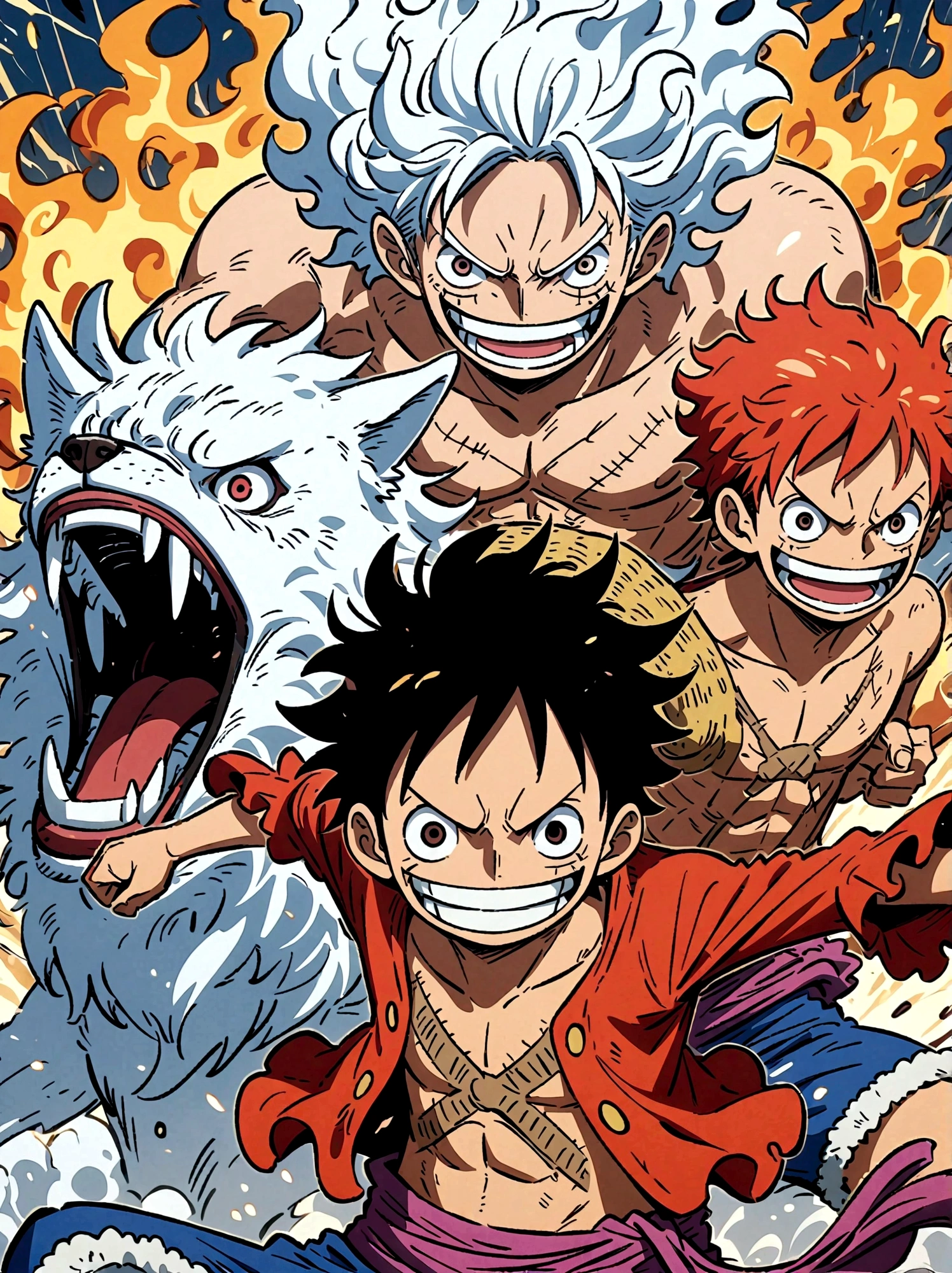 Create an exciting poster with Luffy from "one piece" em um ataque de raiva, wolf-headed. Capture the essence of his fiery determination and unyielding spirit as he unleashes his wrath on his enemies. Mantenha-o curto, ousado, e intenso para transmitir o poder bruto da raiva de Luffy, boy, anime