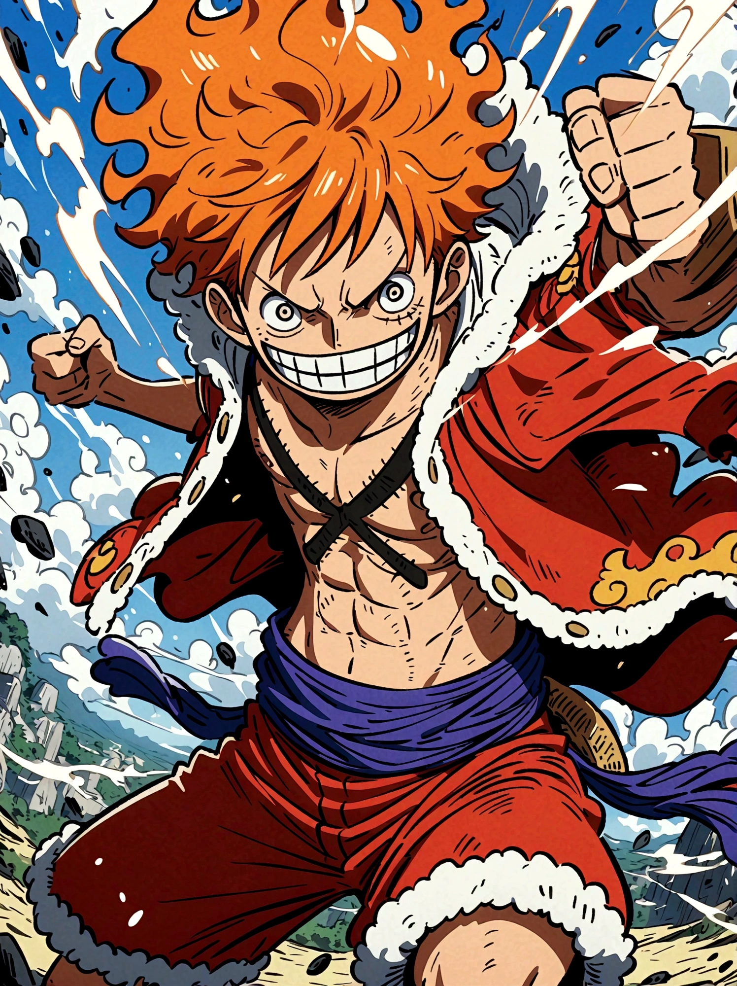 Create an exciting poster with Luffy from "one piece" em um ataque de raiva, wolf-headed. Capture the essence of his fiery determination and unyielding spirit as he unleashes his wrath on his enemies. Mantenha-o curto, ousado, e intenso para transmitir o poder bruto da raiva de Luffy, boy, anime